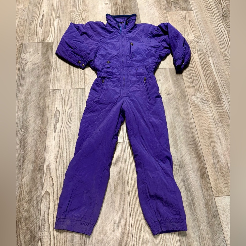Vintage Ski Suit Bibs one piece coveralls Inside Edge 80s 90s retro purple S - Picture 2 of 13